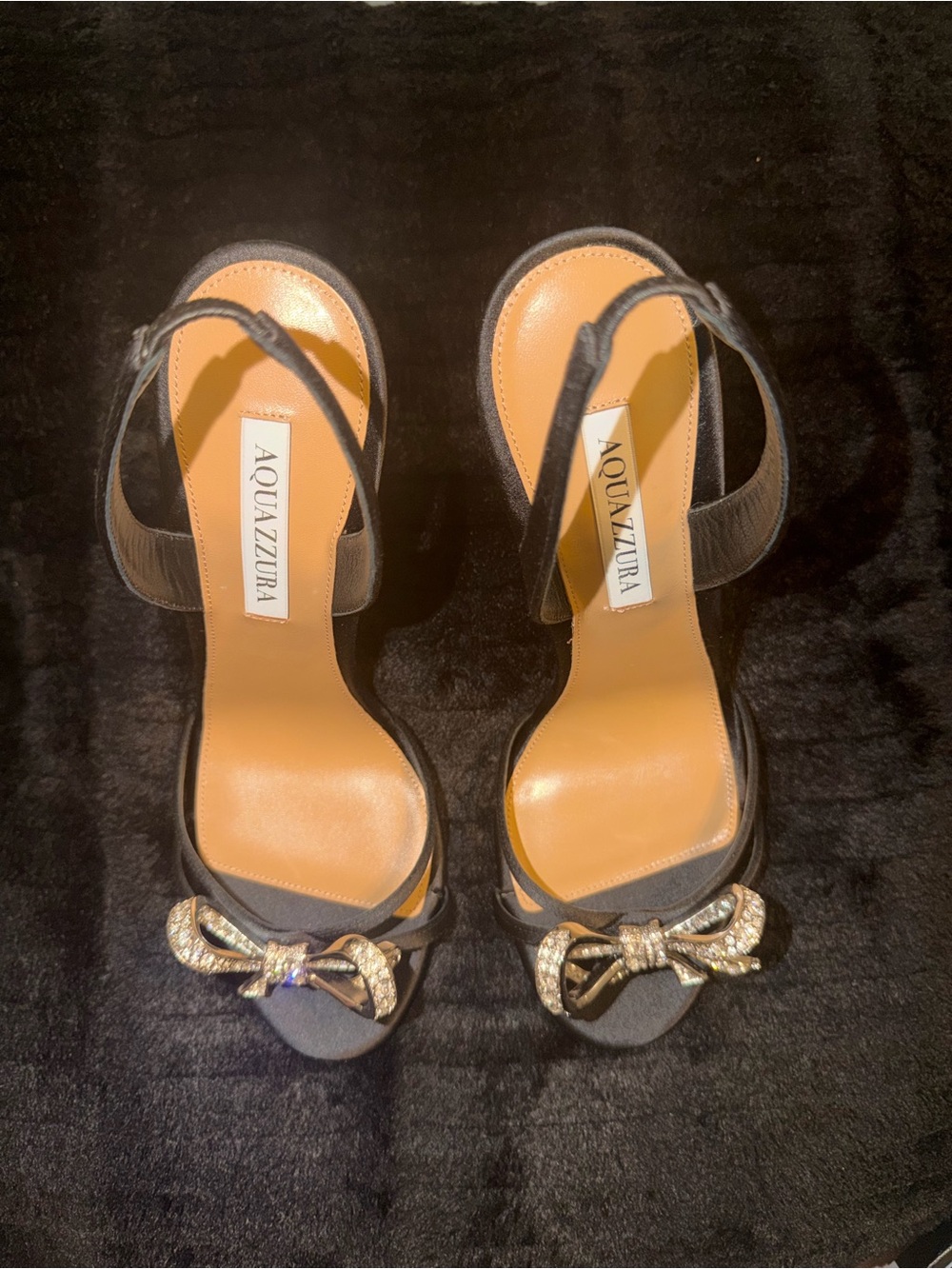 Aquazzura Black Crystal Bow Ankle-Strap Heels